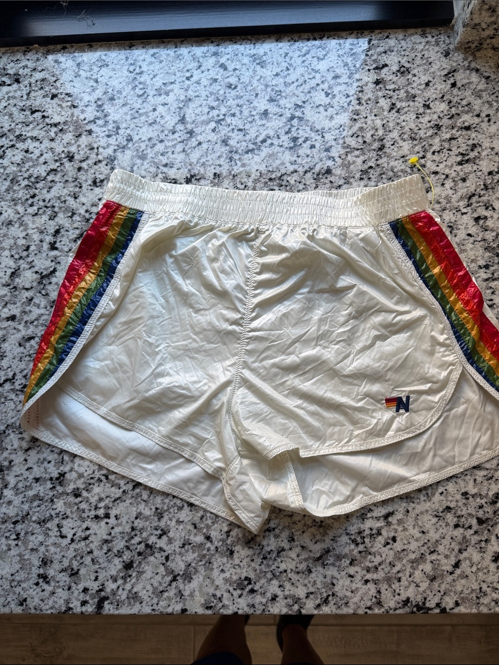 Aviator Nation White Athletic Shorts with Rainbow Side Stripes